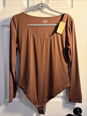 Popilush Scoop Neck Long Sleeve Bodysuit Tummy Control Thong Body Suit Brown 3X